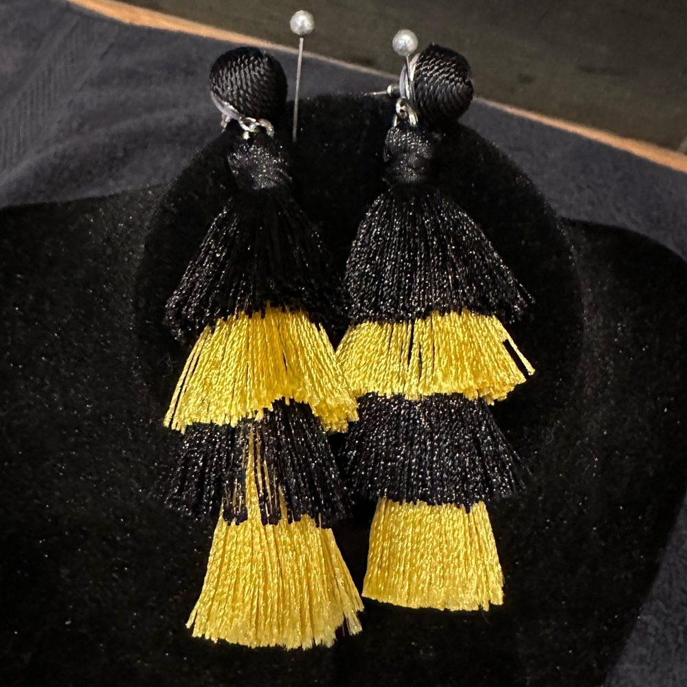 ^ Black and Yellow Tassel Earrings (Black Stud, Approx 3 In Long). #IowaHawkeyes